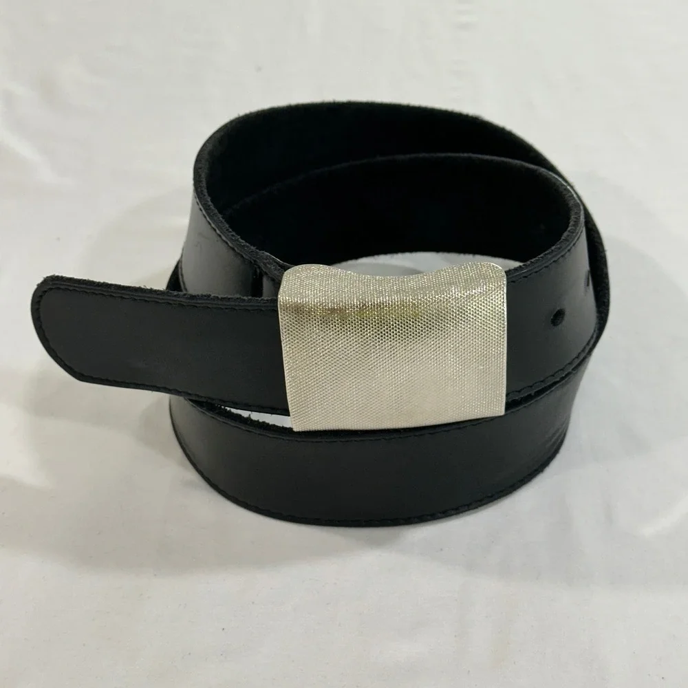 Jamie Leather Belt 34 Mens Black Silver Plaque Buckle Made in USA Minimalist